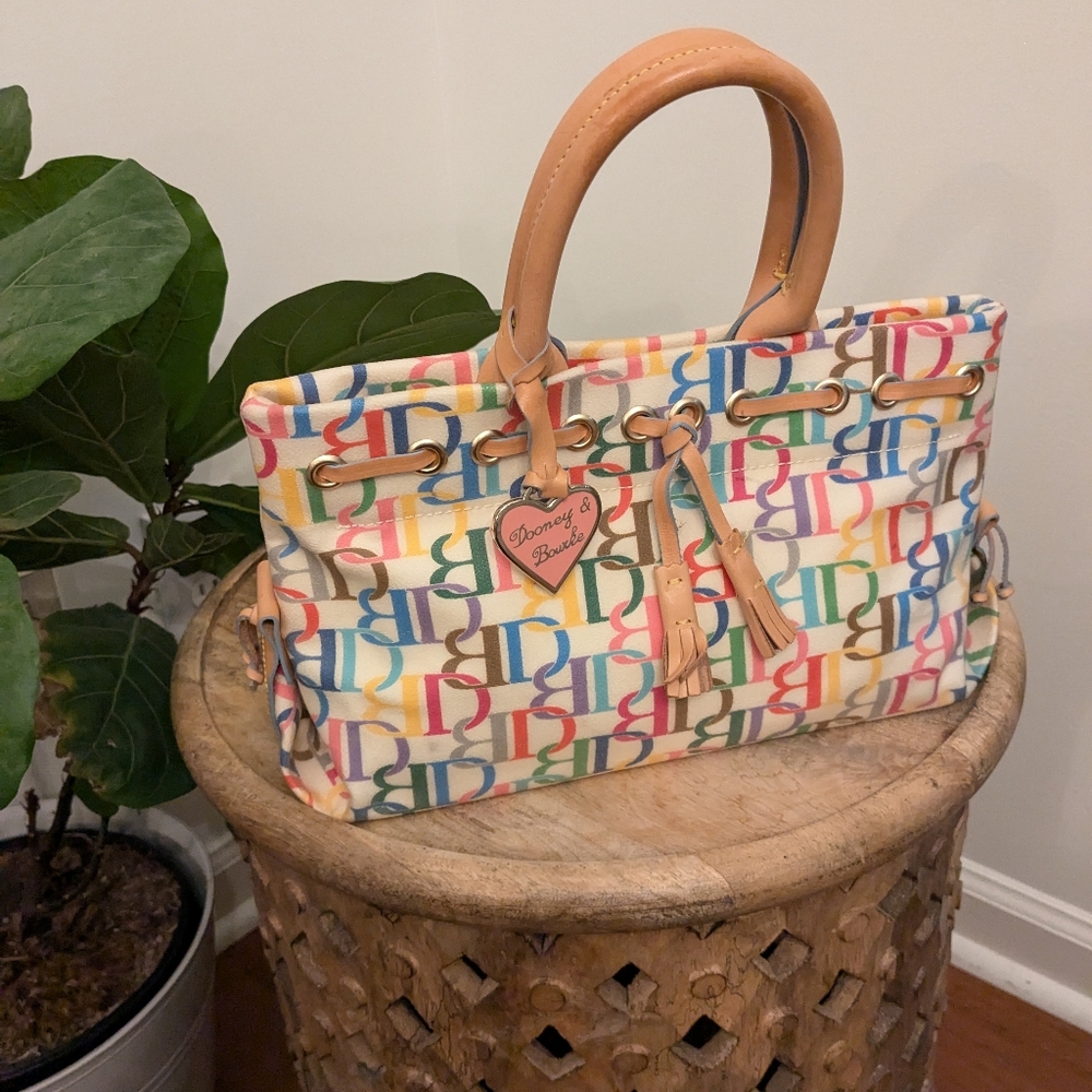 Dooney & Bourke Rainbow Signature Tassel Tote Bag Purse Cross Body Heart Vintage